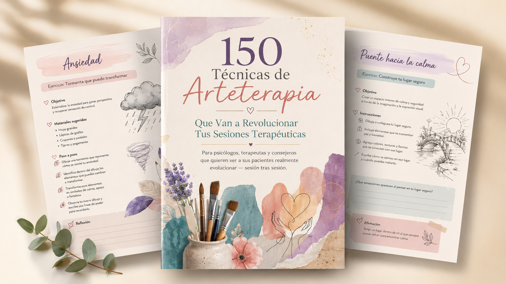 Portada del ebook 150 Técnicas de Arteterapia con dos páginas de ejemplo: Ansiedad y Puente hacia la Calma