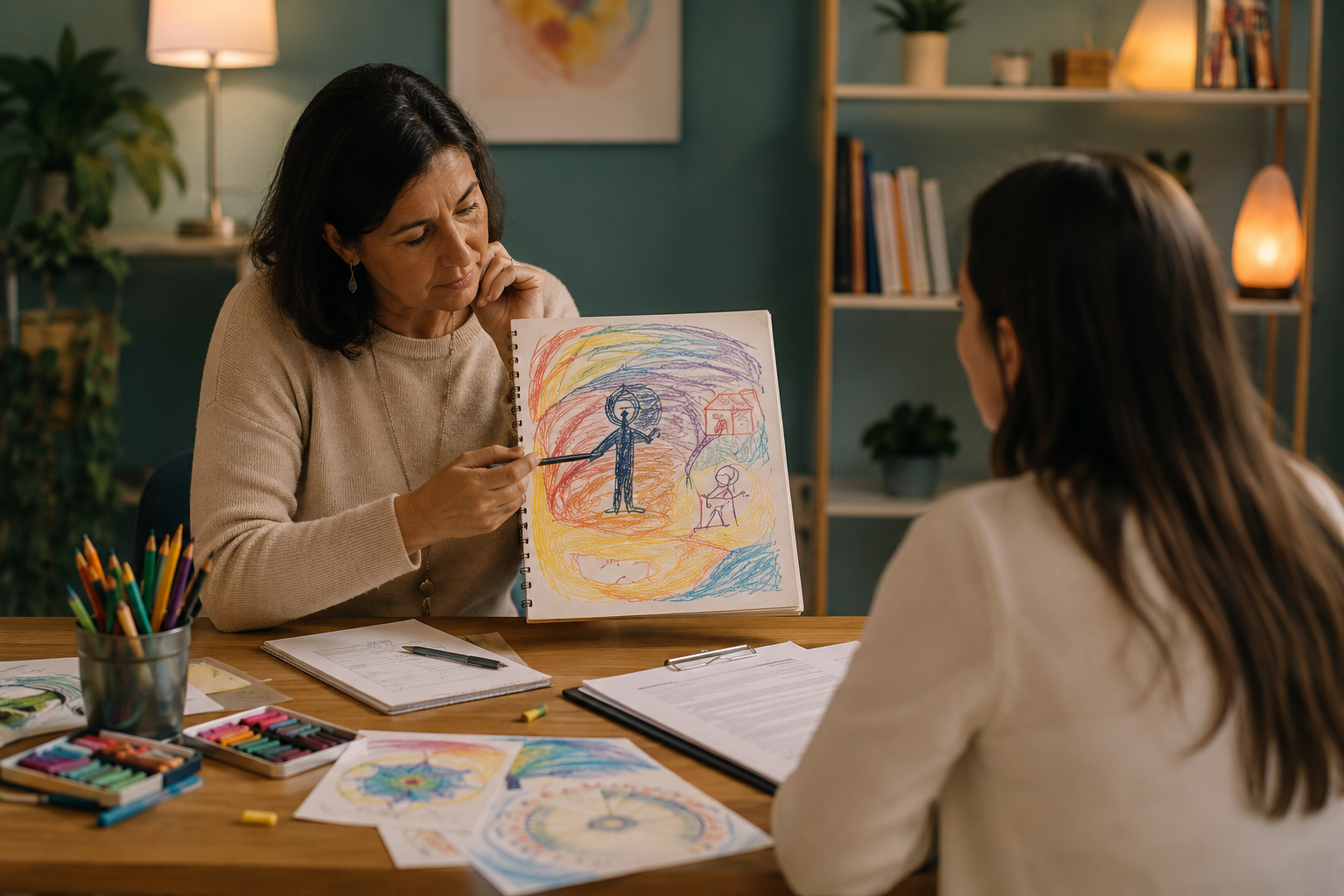 Terapeuta mostrando y comentando un dibujo con su paciente
