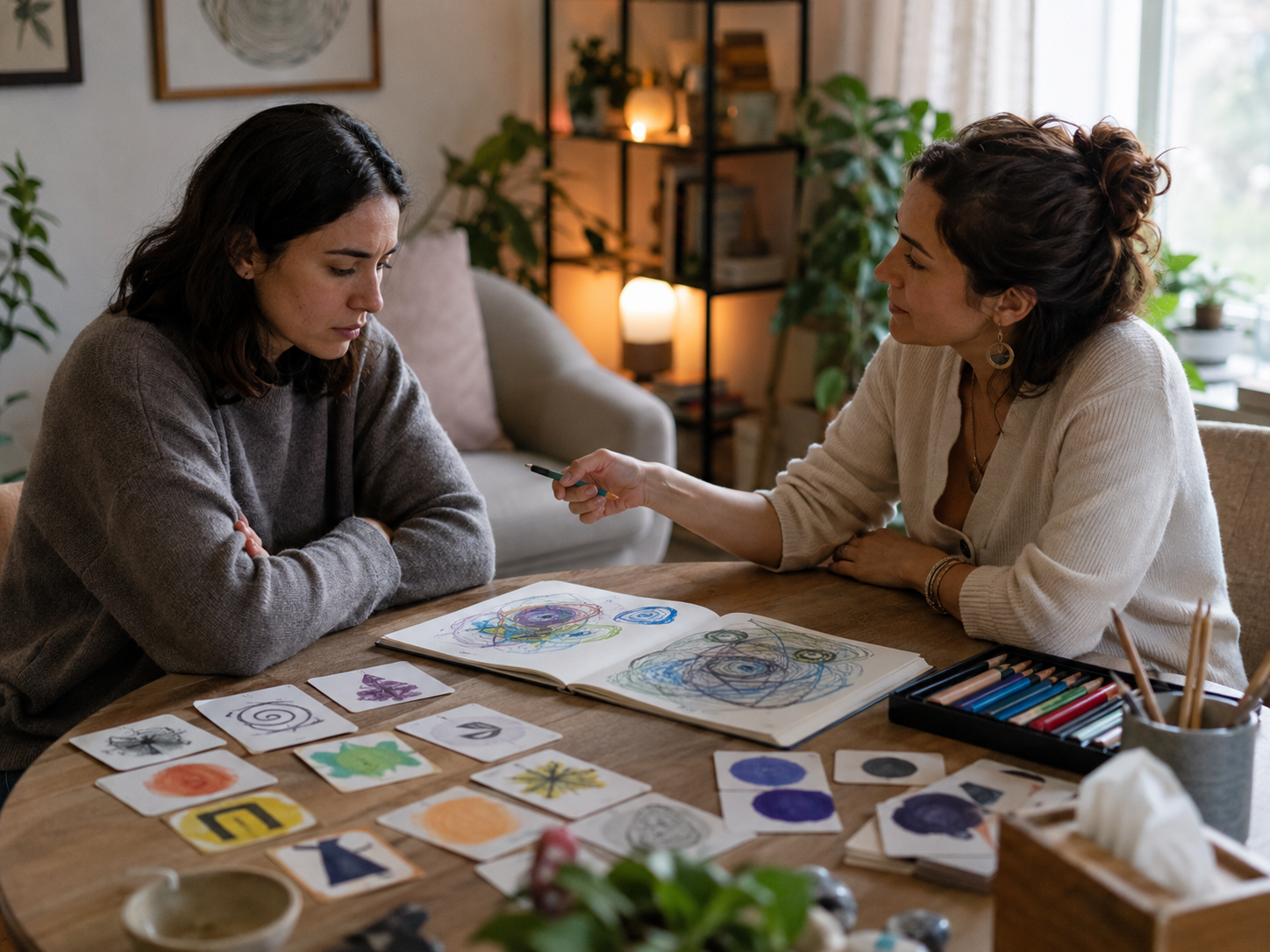 Terapeuta ayudando a destrabar un proceso con cartas y cuaderno de dibujos