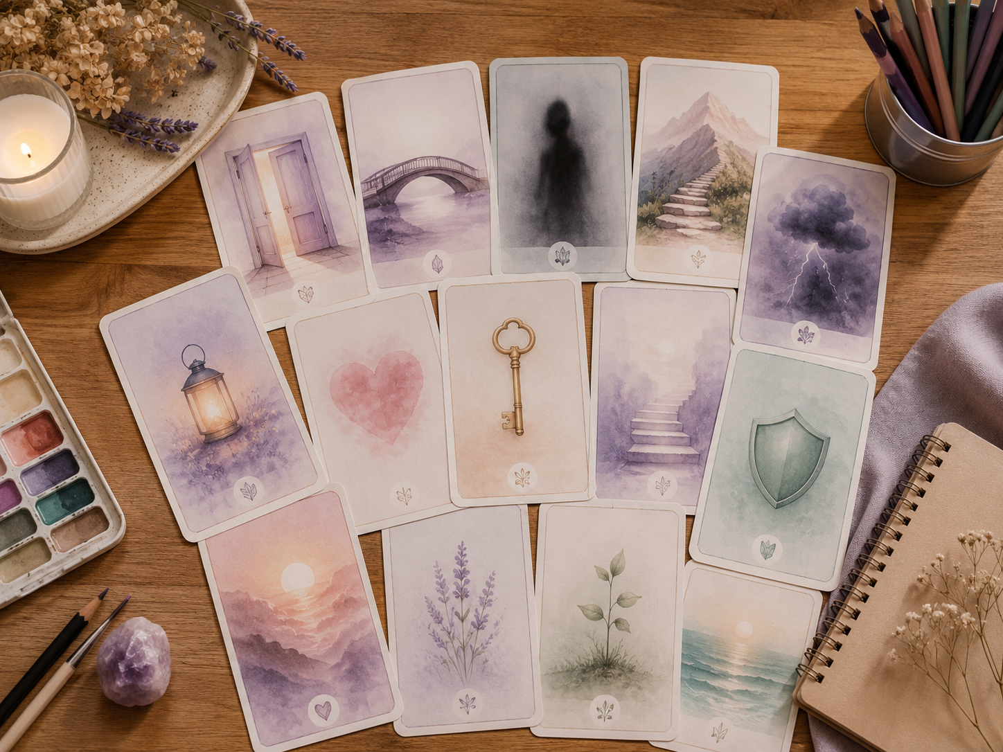 Baraja de superación de miedos: cartas ilustradas con símbolos reflexivos